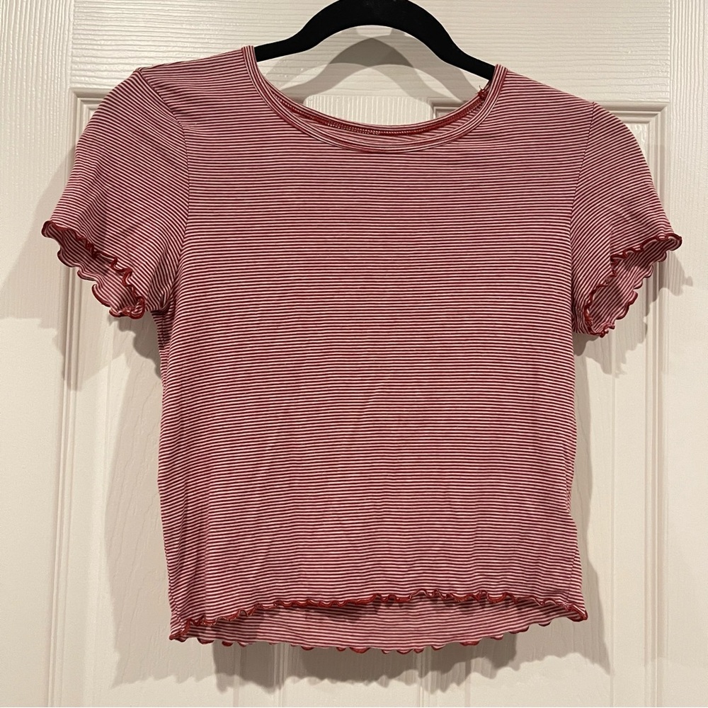 Red & White Striped Lettuce Edge Crop Top American Eagle
